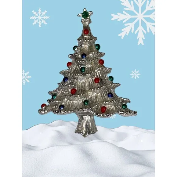 Gerrys Christmas Tree Pin Brooch Holiday Silver-Tone Rhinestone Star Top Vintage - Picture 2 of 6